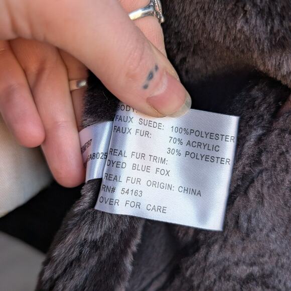 Vintage Brown Faux Suede Fox Fur Trim Coat Minimalist Mini Trench Boho Jacket - Picture 9 of 10